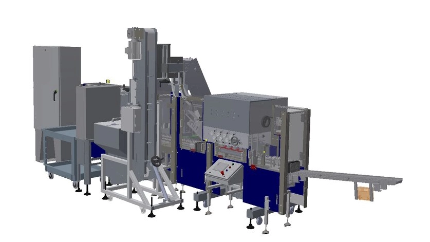 Rendered image of a COVID-19 test kit filling, capping, and labeling automated machine.